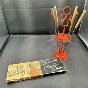 2 Set VTG Fondue Forks Wood Handle Stainless Steel Prong Multicolored Tips Japan